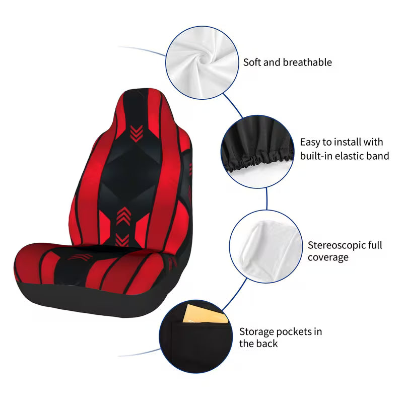 2pcs Red and Black Mech LineUniversal Car Seat Covers - Machine Washable, Easy to Install, Durable Design - Enhances the Beauty and Comfort of Your Car's Interior.