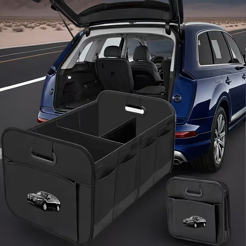 1pc Large Capacity Heavy Duty Oxford Trunk Organizer, Foldable Multi-Compartment Car Storage Box with Reinforced Handle