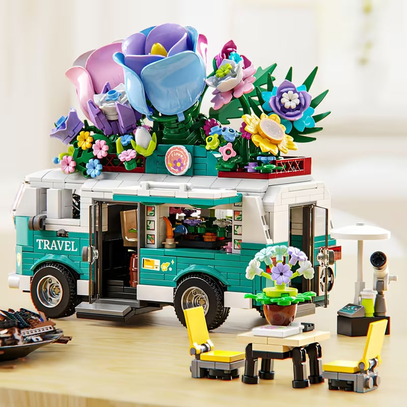 800+PCS Flower Tour Bus Building Blocks, DIY Model Set with Accessories New Year Christmas Birthday Gift And Up