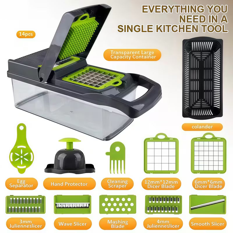 14-in-1 Multifunctional Vegetable Chopper with Colander, Manual Veggie Dicer Slicer Shredder with Hand Protector & Egg Separator