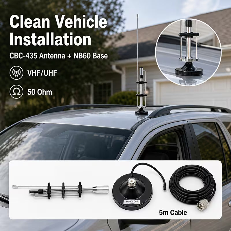 VHF UHF Car Radio Antenna Kit, CBC-435 15.7 Inch Mobile Antenna with NB60 Base, 5M Cable