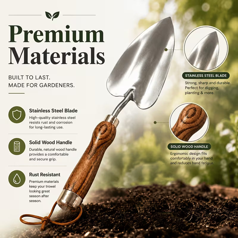 Heavy-Duty Stainless Steel Garden Shovel with Heart-Shaped Blade, Ash Wood Handle, Planting & Transplanting Tool