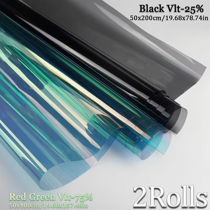 &nbsp;2 Rolls High-Definition Red Green Chameleon VLT 75% Car Window Film Unidirectional Perspective, Black Window Film VLT 25%, Effectively Blocking Ultraviolet Rays