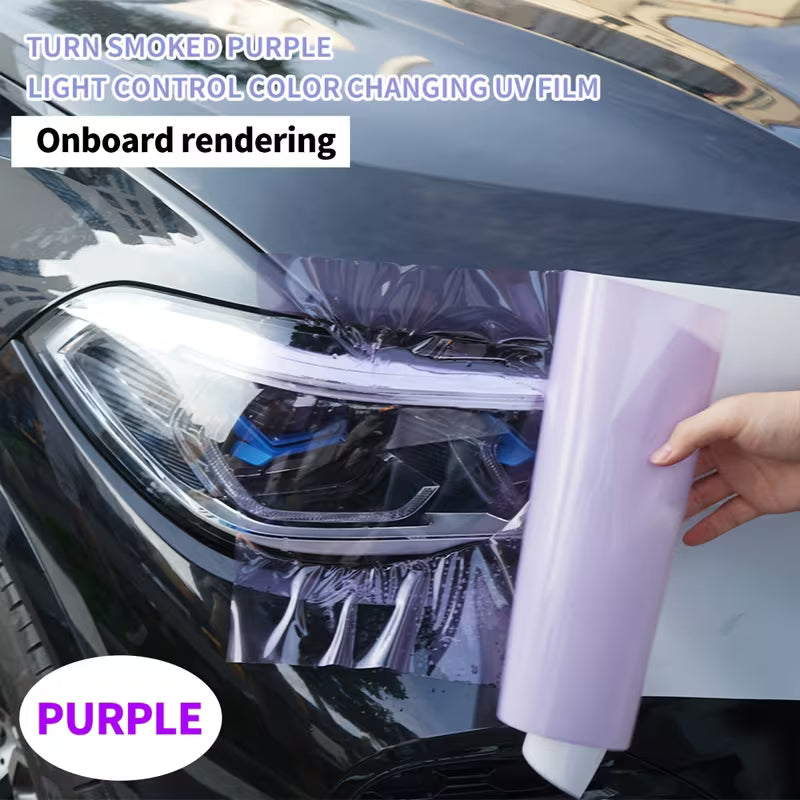 UV-Responsive Photochromic Black TPU Car Headlight Tint Film - Scratch-Resistant Color-Changing (Purple/Black) Light Protective Cover to Improve Visibility for Street Sport Motorcycles