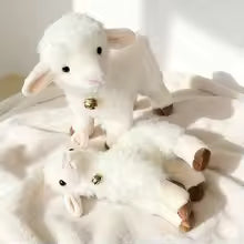 White Lamb Plush Toy Realistic Sheep Wearing A Bell