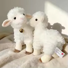 White Lamb Plush Toy Realistic Sheep Wearing A Bell