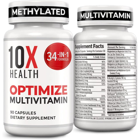 10X Health Optimize Methylated Multivitamin for Men – 34-in-1 Formula with B12, 5-MTHF & NAC | 90 Capsules