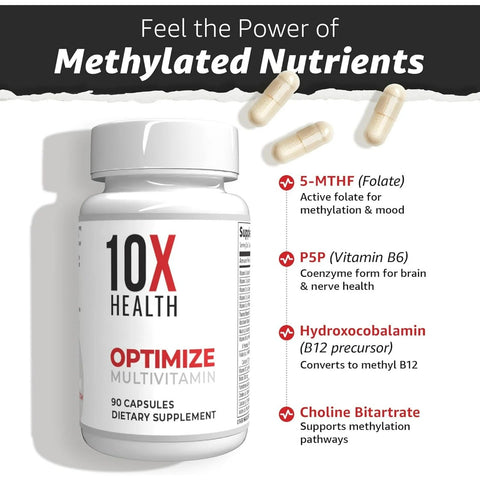 10X Health Optimize Methylated Multivitamin for Men – 34-in-1 Formula with B12, 5-MTHF & NAC | 90 Capsules