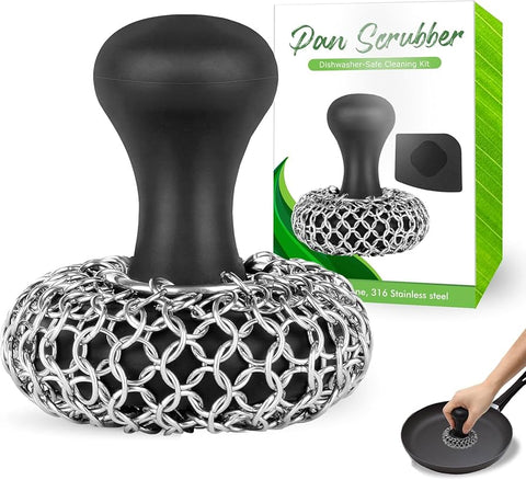 316L Stainless Steel Chainmail Scrubber – Heavy-Duty Cleaner for Cast Iron Pans, Skillets & Grills (Dishwasher Safe)