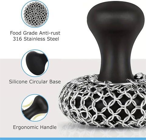 316L Stainless Steel Chainmail Scrubber – Heavy-Duty Cleaner for Cast Iron Pans, Skillets & Grills (Dishwasher Safe)