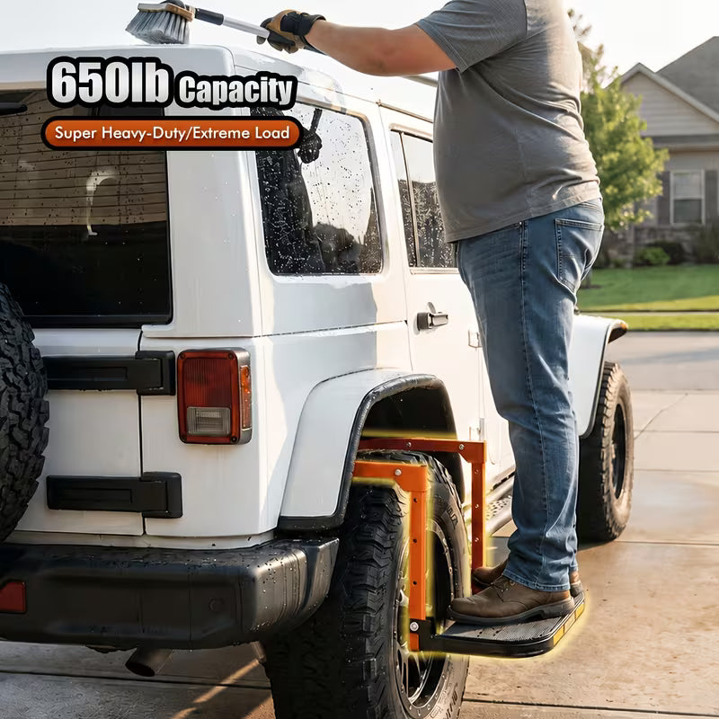 Heavy Duty Foldable Tire Step With Anti-Slip Texture, Adjustable Height, 300/650 LBS Load Capacity, Fits Tires Up To 13.5" & 15" Wide, Portable Roof Rack Climbing Step