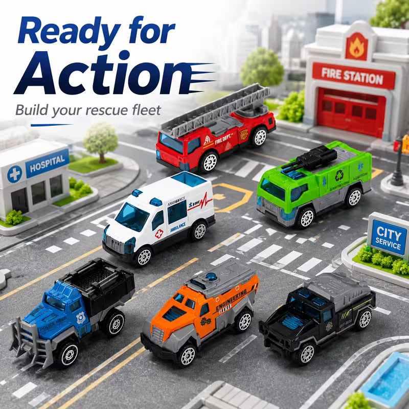 Mini Alloy Engineering and Rescue Vehicle Toy Set, Fire Truck, Ambulance and Off-Road Cars