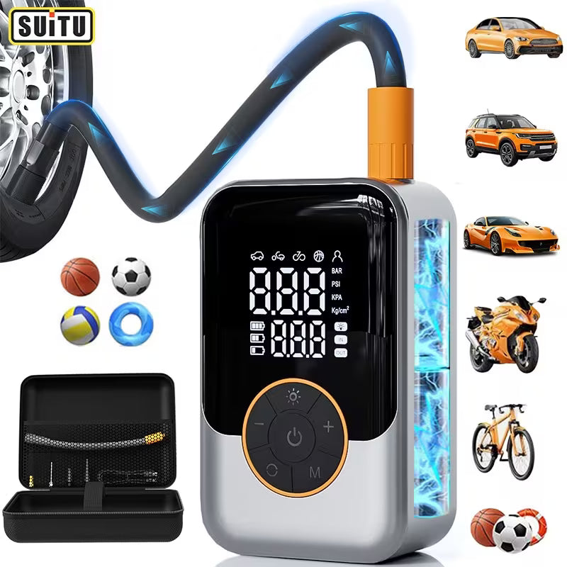 Suitu Handheld Wireless Car Tire Inflator, USB Rechargeable Cordless Air Compressor, Portable Storage Bag