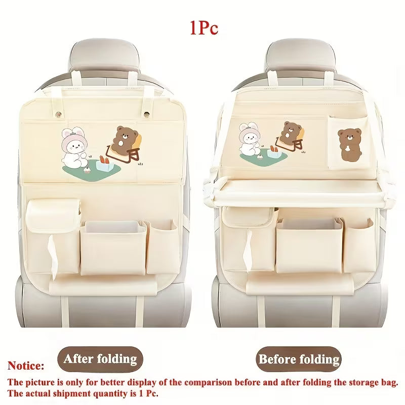 Multi-functional Seat Back Organizer and Storage Bag, Including a Foldable Table Tray, Kick Mat, Tissue Box, Trash Can, Umbrella Holder,