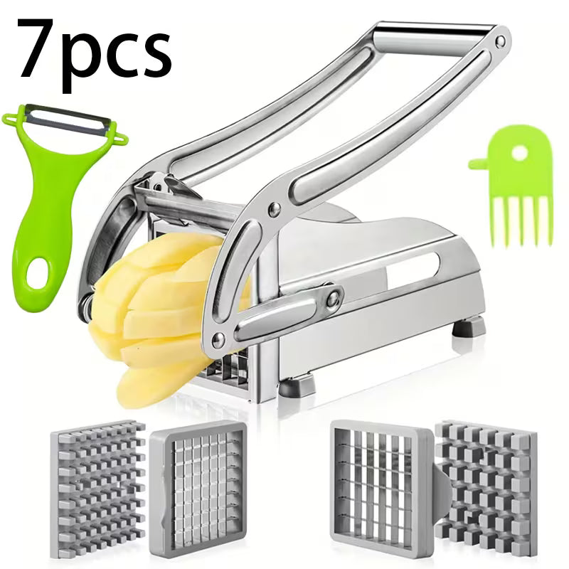 7pcs Stainless Steel Vegetable French Fry Cutter Set with Peeler and Cleaning Accessories, Multi-Functional Kitchen Gadget for Potatoes & Carrots