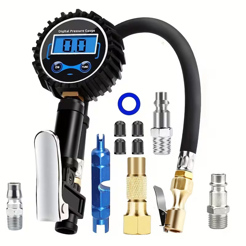 Digital Tire Inflator with Presta/Schader Valve Adapter - 0.1 PSI Precision Gauge for Cars, Trucks &amp; Motorcycles, Durable Metal Construction, Easy-Read Display
