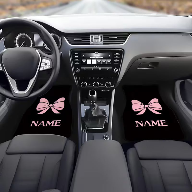 4pcs Customizable Name Car Floor Mats with Pink Butterfly Knot Theme Design Print - Perfect Gift for Men/Women -