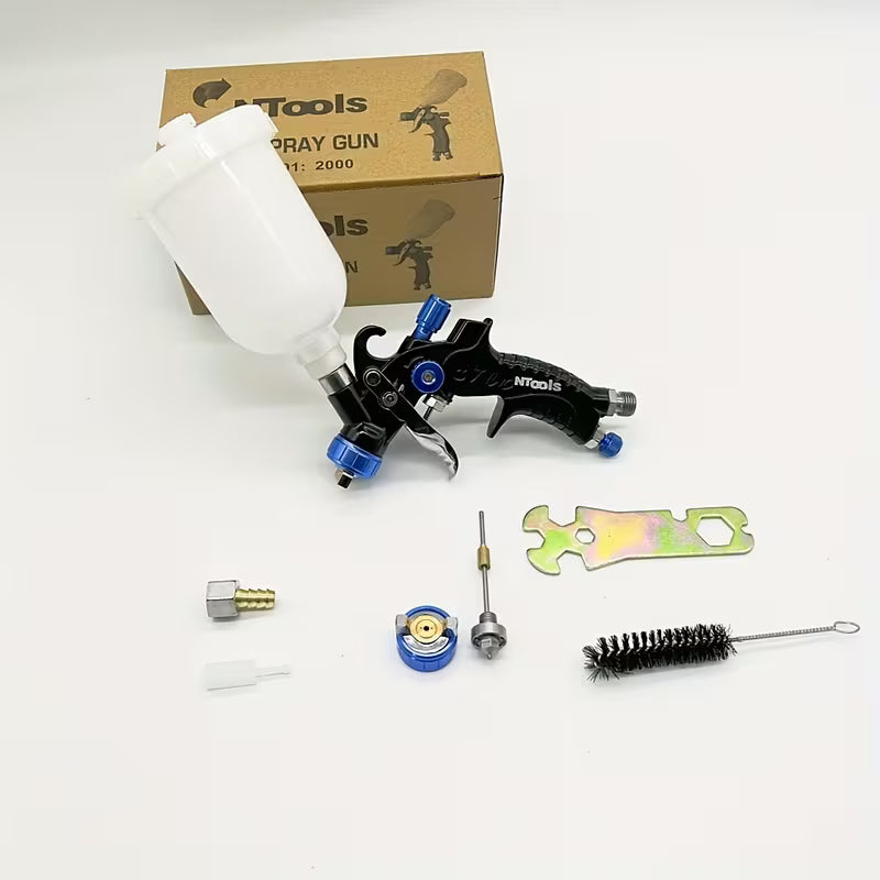Professional Mini HVLP Spray Gun - 0.8mm & 1.0mm Nozzles - 250ml Plastic Cup - Gravity Feed with Filter & Air Regulator Kit