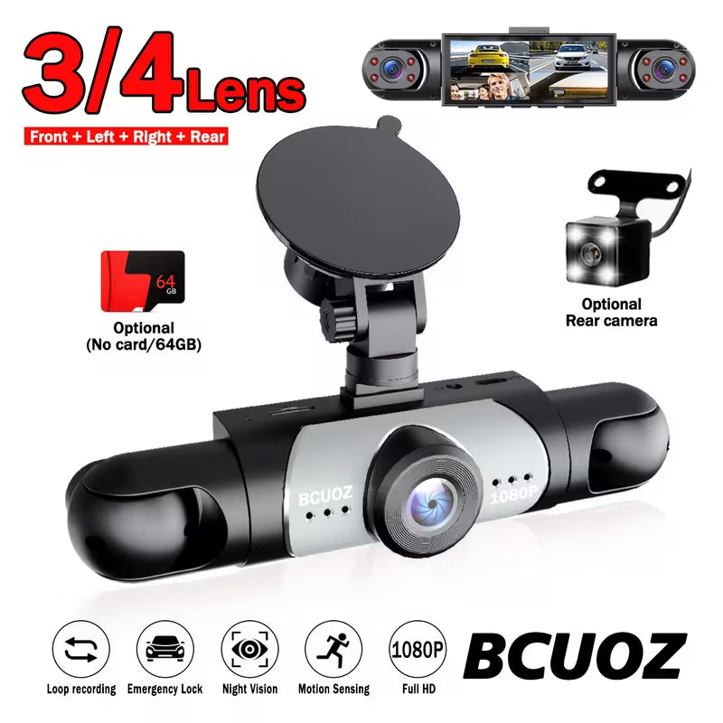 BCUOZ 360° Panoramic 4-Lens 1080P Full HD Dash Cam Set, 1080P Front +r/Left/R 720P Reaight All-Round Coverage,