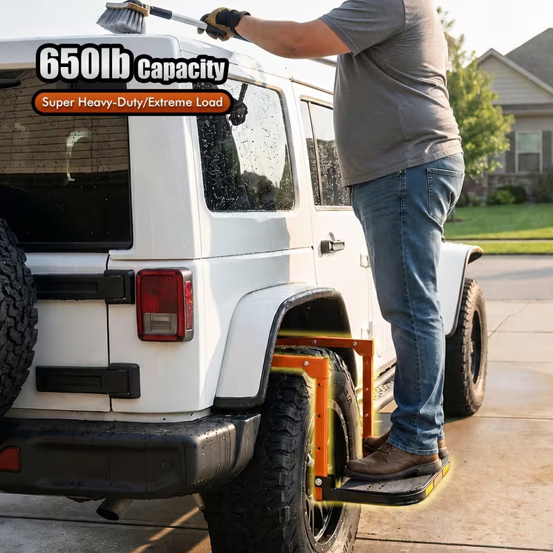 Heavy Duty Foldable Tire Step With Anti-Slip Texture, Adjustable Height, 300/650 LBS Load Capacity, Fits Tires Up To 13.5" & 15" Wide, Portable Roof Rack Climbing Step