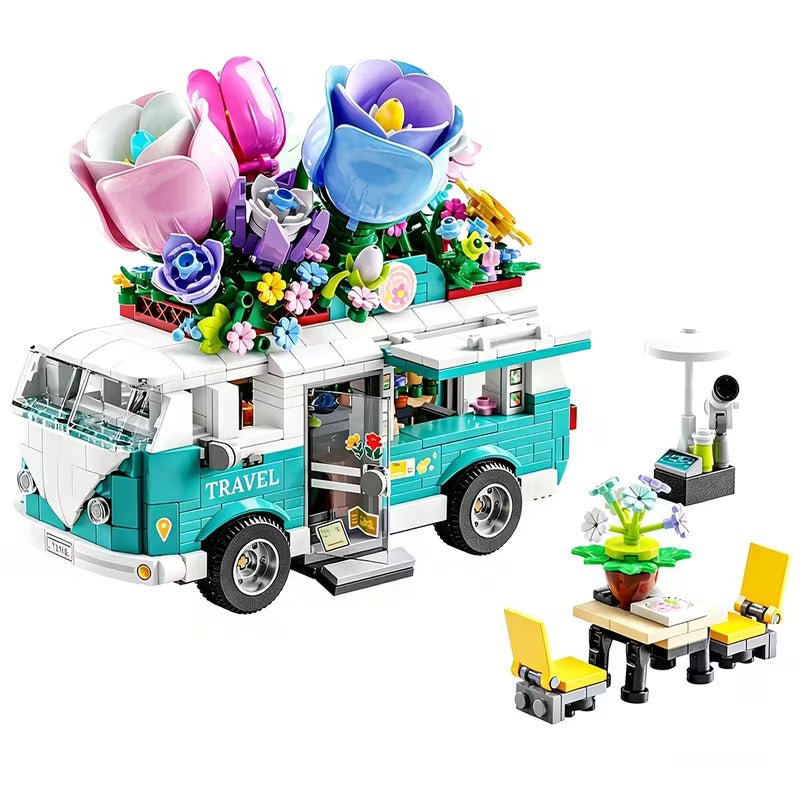800+PCS Flower Tour Bus Building Blocks, DIY Model Set with Accessories New Year Christmas Birthday Gift And Up