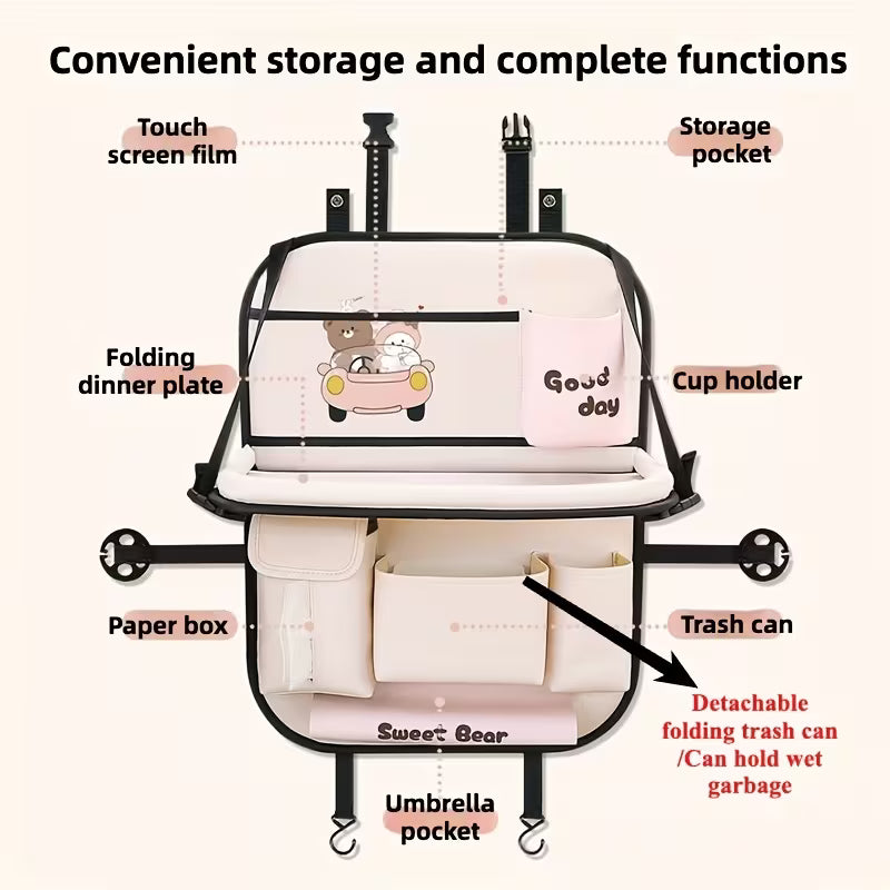 Multi-functional Seat Back Organizer and Storage Bag, Including a Foldable Table Tray, Kick Mat, Tissue Box, Trash Can, Umbrella Holder,