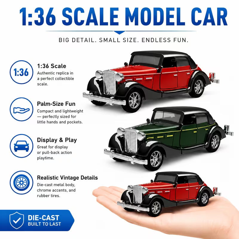 MQUDUO 2-Pack 1:36 Die-Cast Toy Cars, Red & Green Pull-Back Classic Car Models