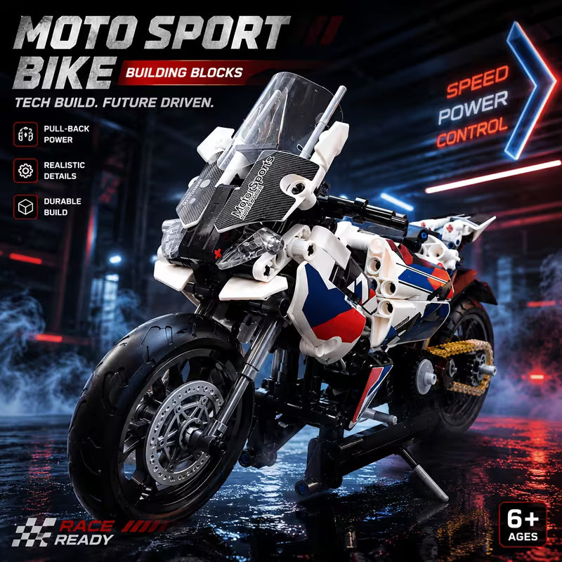 Tech Motorcycle Building Blocks, DIY Model Kit with Steering