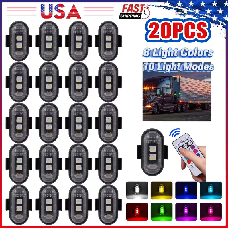 20 Pcs Car Wireless LED Strip Light Remote Control | Magnetic Vibration Lights with 8 Colors, USB Rechargeable, IP65 Waterproof,