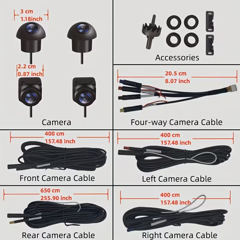 1 Set [Panoramic View] Car Camera 360°Surround Bird View Car Camera Panoramic Left Right Front Rear 4-way Camera for Car Android Player AHD1080P HD Night Vision Camera