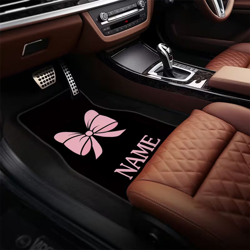 4pcs Customizable Name Car Floor Mats with Pink Butterfly Knot Theme Design Print - Perfect Gift for Men/Women -