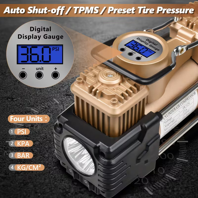 MESHUBA Twin Cylinder Air Compressor 12V Portable Heavy Duty Tire Inflator with Digital Gauge Car Pump Auto Shut-Off for Vehicle,