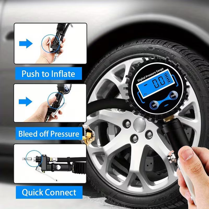 Digital Tire Inflator with Presta/Schader Valve Adapter - 0.1 PSI Precision Gauge for Cars, Trucks &amp; Motorcycles, Durable Metal Construction, Easy-Read Display