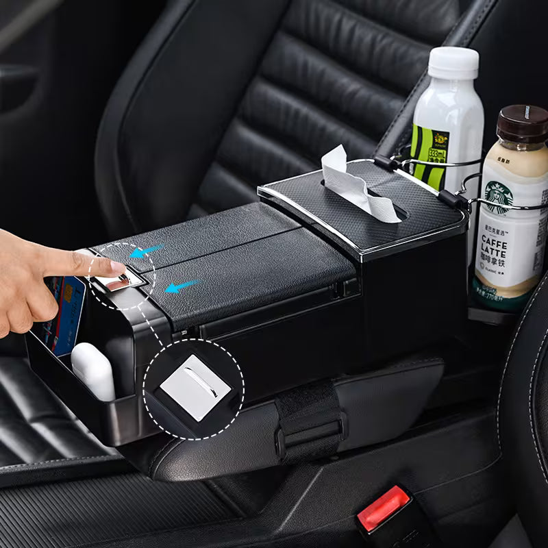 3pcs Car Storage Set: 1 Multifunctional Armrest Storage Box And 2pcs Car Hooks. The Organizer Features Storage Space, Cup Holder And Tissue Slot,