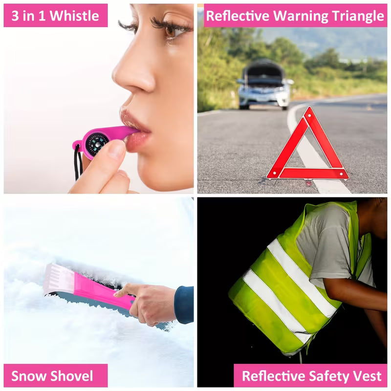 Pink Car Roadside Emergency Kit Assistance Emergency Kit with Jumper Cables Auto Tool Set Deer Whistles Winter Car Safety Roadside Assist Kit,