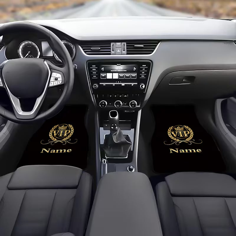 4pcs Customizable Name & Number Car Floor Mats, Golden Crown & VIP Personalized Design