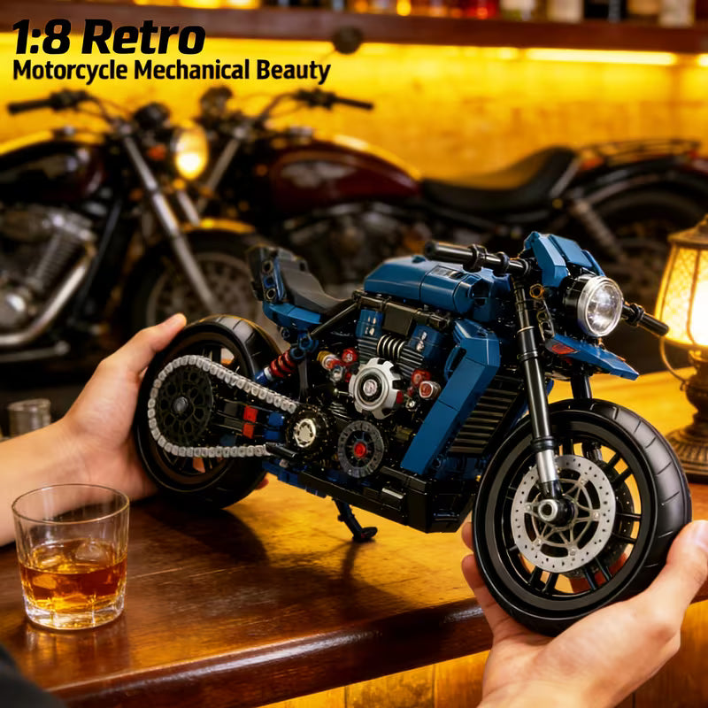 1:8 Blue Retro Technic Motorcycle Building Blocks
