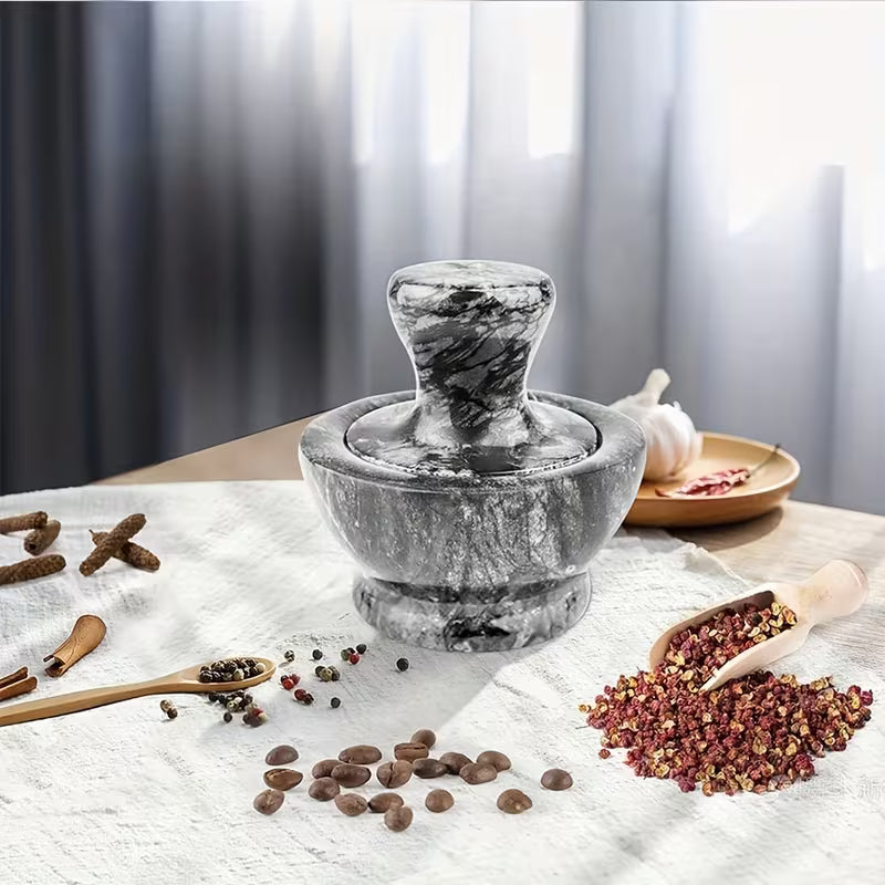 Mortar & Pestle Set, Marble Mortar and Mushroom Pestle, 1/2 Cup, Stone Grinder with Brush & Placemat