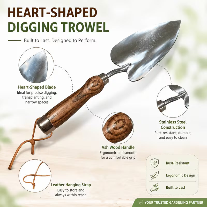 Heavy-Duty Stainless Steel Garden Shovel with Heart-Shaped Blade, Ash Wood Handle, Planting & Transplanting Tool