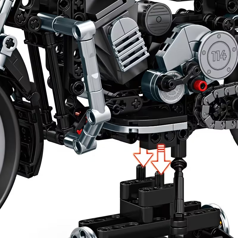 Retro Motorcycle Puzzle Blocks, Assembly Motorcycle Model Toy, Gray Black Color, Birthday Gift, with Display Base, Motorcycle Model