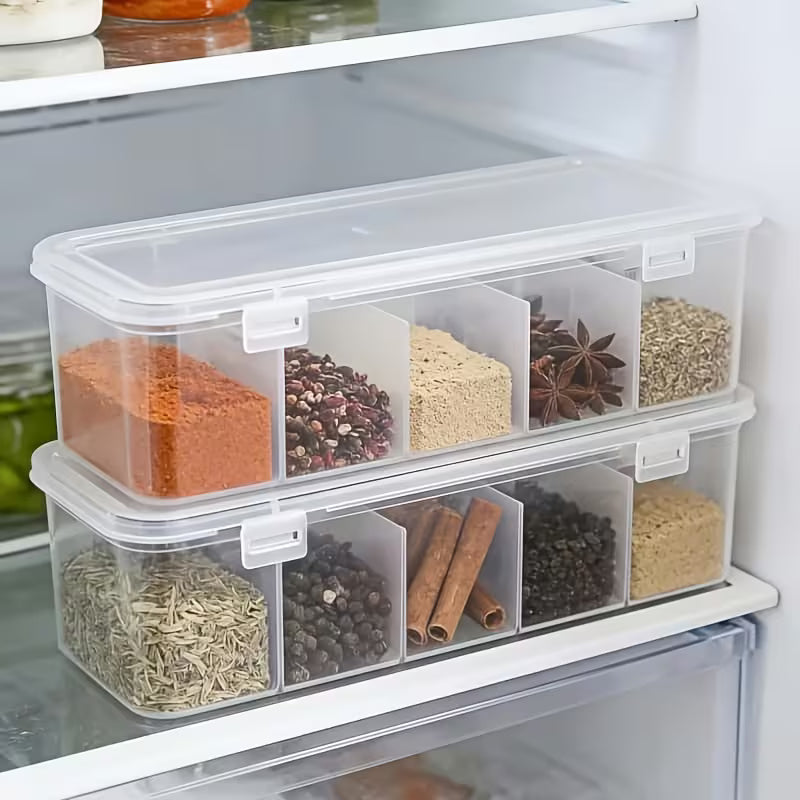 Five-Compartment Multi-Size Storage Containers - Stackable Reusable Spice, Snack & Grain Organizer