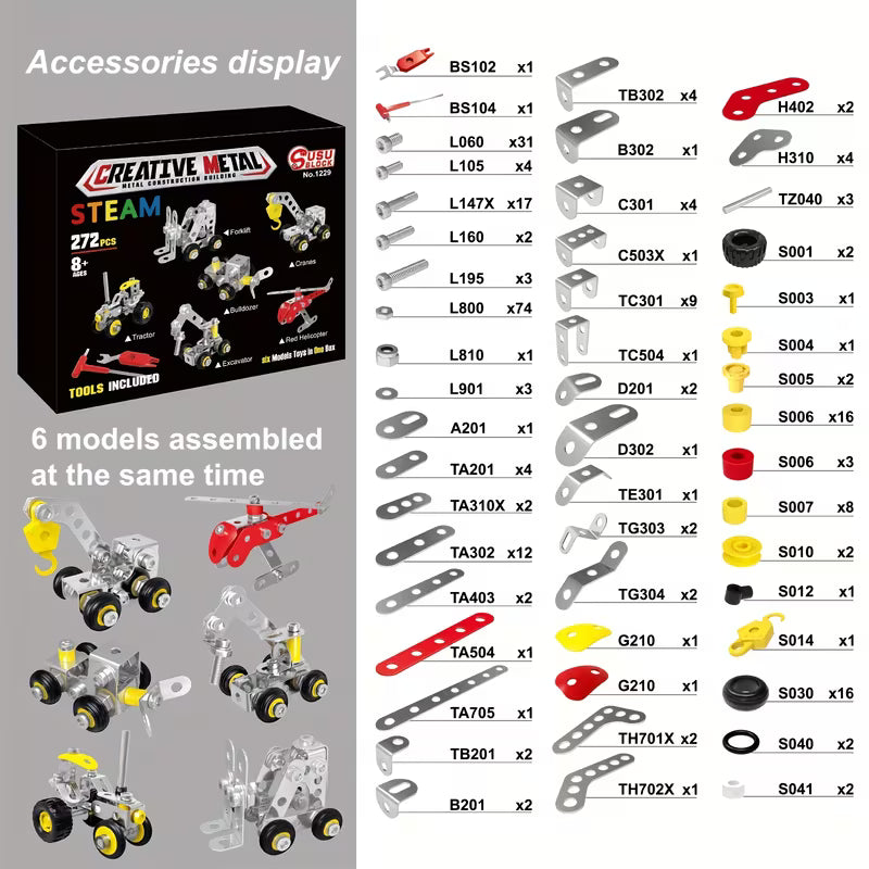 272pcs Metal Building Blocks, 6-in-1 Assembly DIY Engineering Educational STEAM Learning Toy for Ages 8+
