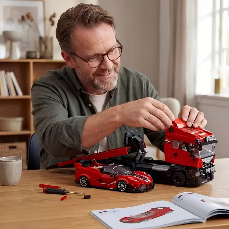 Red Supercar And Tow Truck Building Set, Creative Engineering Toy Model, Construction Block Kit for Collectors, 1728pcs