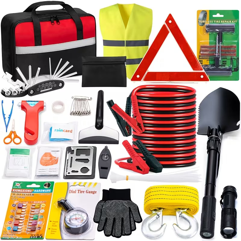 FCLUSLL Car Safety Roadside Kit, Car Emergency Jumper, Towing Rope & Multifunctional Shovel