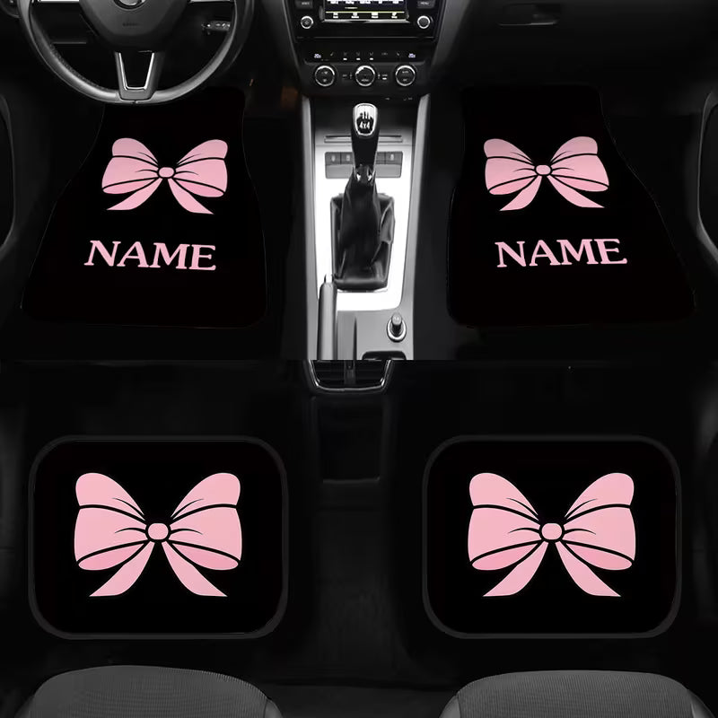 4pcs Customizable Name Car Floor Mats with Pink Butterfly Knot Theme Design Print - Perfect Gift for Men/Women -