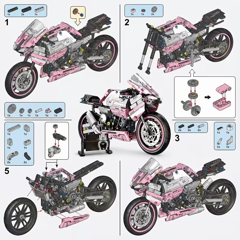 Pink Motorcycle Building Blocks, Sports Style Model Kit