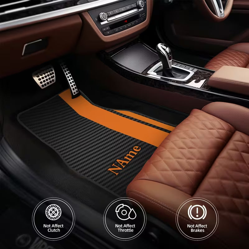 4pcs Customizable Name Car Mats with Orange Striped Personalized Design
