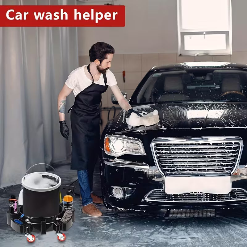 [Heavy-Duty] Heavy-Duty Car Wash Bucket Cart with Wheels - 6 Gallon Capacity, Black Plastic, Rolling Soap Holder, Multi-Tool Storage for Professional Cleaning,