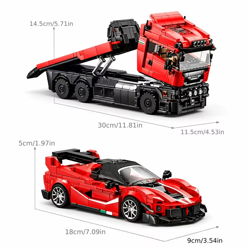 Red Supercar And Tow Truck Building Set, Creative Engineering Toy Model, Construction Block Kit for Collectors, 1728pcs