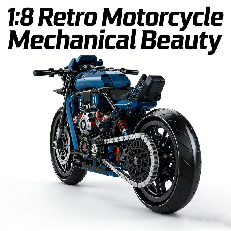 1:8 Blue Retro Technic Motorcycle Building Blocks